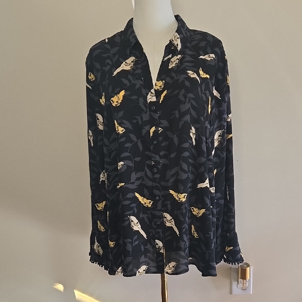 Charter Club Bird Print Blouse XL Bell Sleeve Pom Pom Trim Black Button Top Boho - Picture 2 of 7